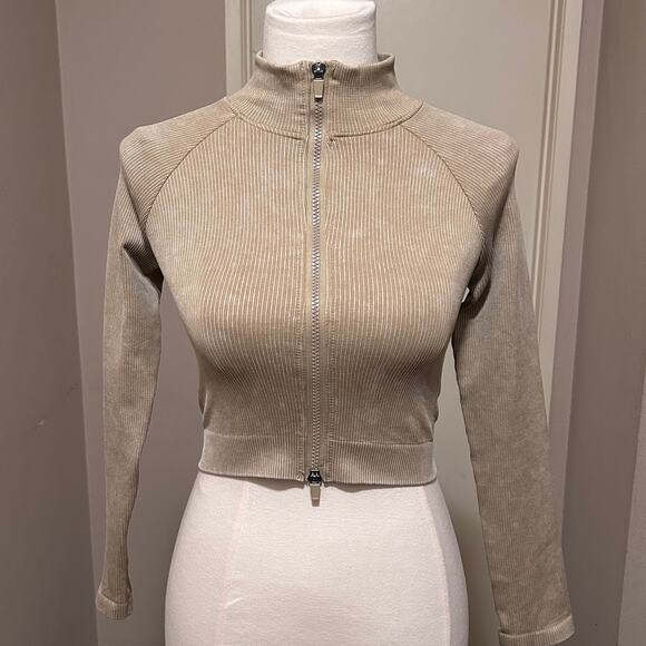 Mono B Women's Cropped Ribbed Zip-UP Jacket Taupe Size SM - Picture 2 of 10